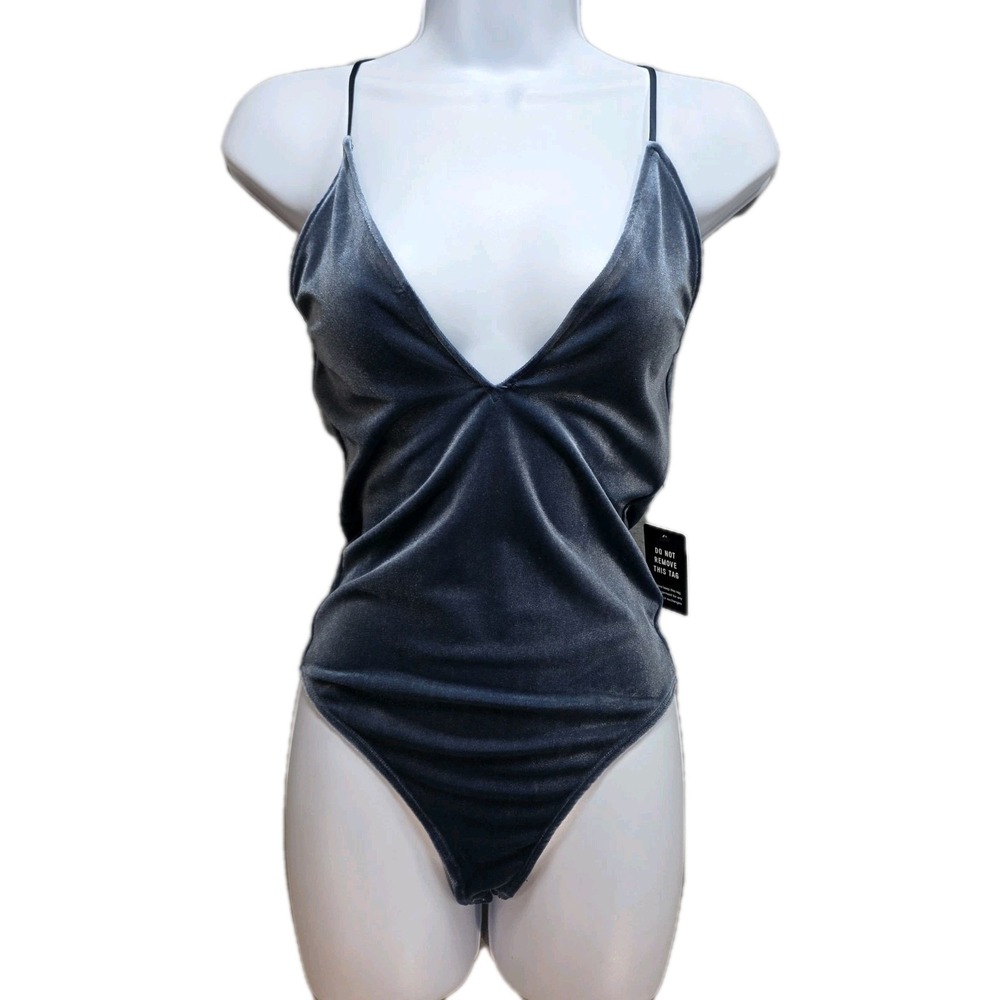 Express Bodysuit Womens XS Blue Velvet Deep V Neck Balletcore‎ Stretch Coquette